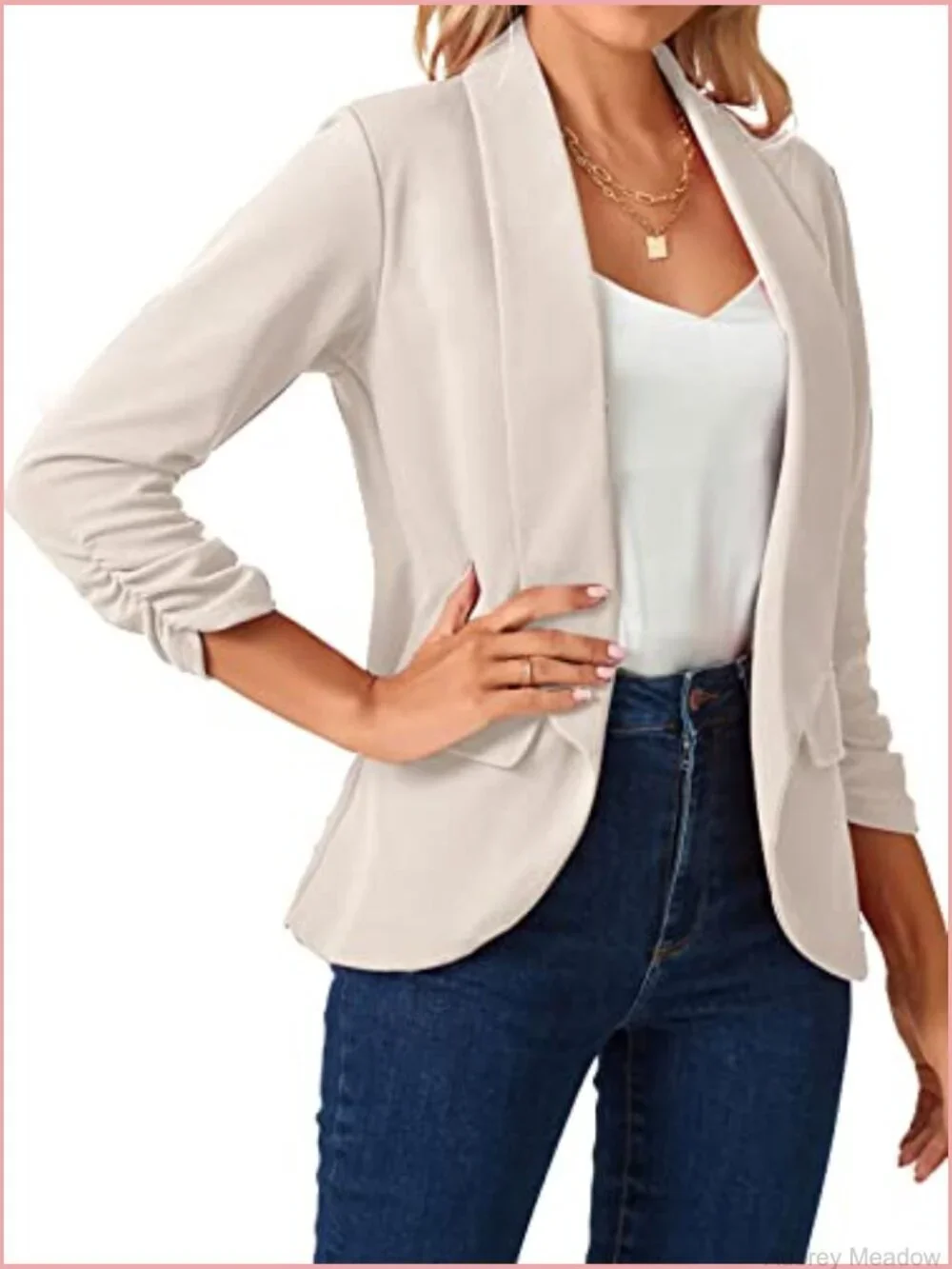 Womens Blazer 3/4 Ruched Sleeve Shawl Collar Business Work Open Front Pockets